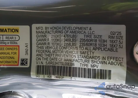 2025 Honda Cr-V Ex-L 2Wd z USA, uszkodzony, nr VIN 5J6RS3H77SL008306